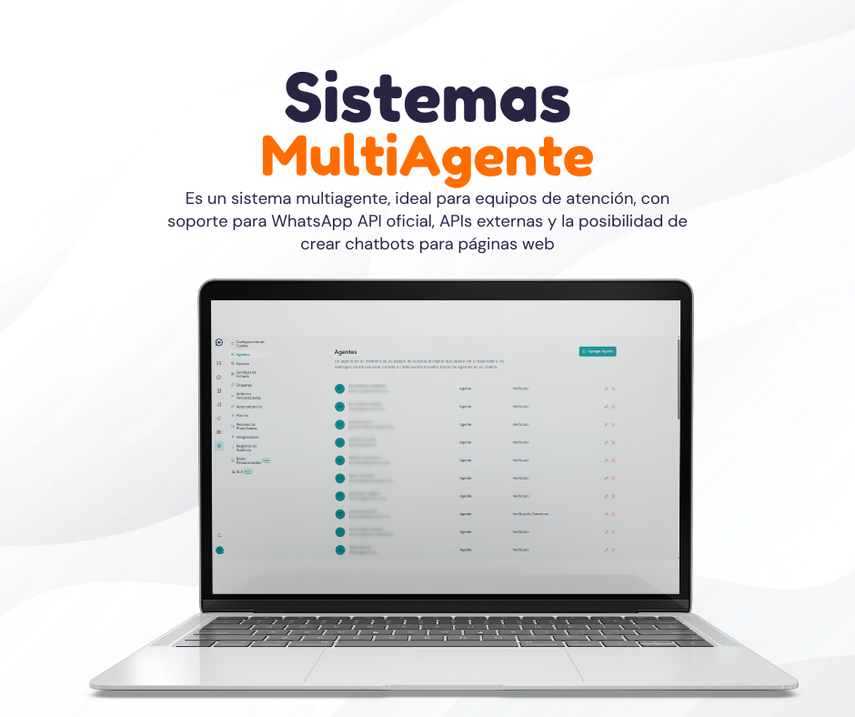 Es un sistema multiagente, ideal para equipos de atención, con soporte para WhatsApp API oficial, APIs externas 
